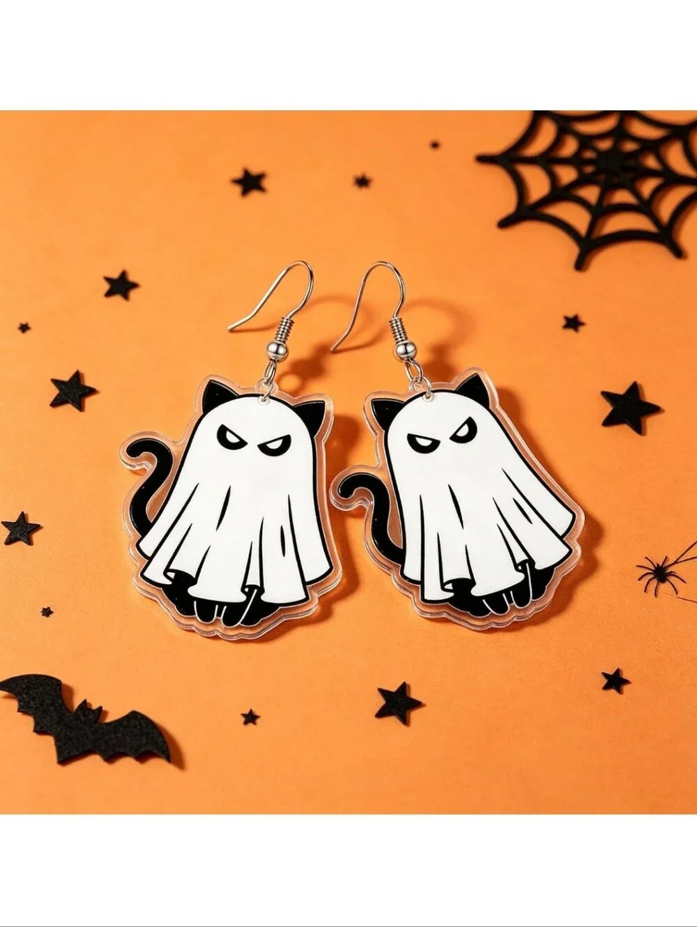 Cute Ghost Cat Dangle Earrings - White and Black